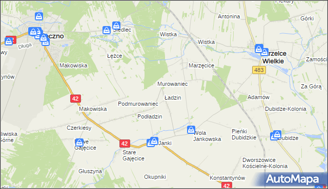mapa Ładzin gmina Pajęczno, Ładzin gmina Pajęczno na mapie Targeo