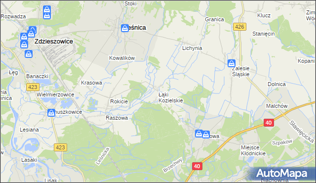 mapa Łąki Kozielskie, Łąki Kozielskie na mapie Targeo