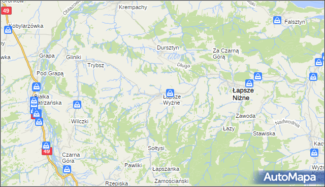 mapa Łapsze Wyżne, Łapsze Wyżne na mapie Targeo