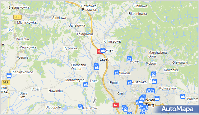 mapa Lasek gmina Nowy Targ, Lasek gmina Nowy Targ na mapie Targeo