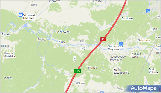 mapa Łęg gmina Kruszyna, Łęg gmina Kruszyna na mapie Targeo