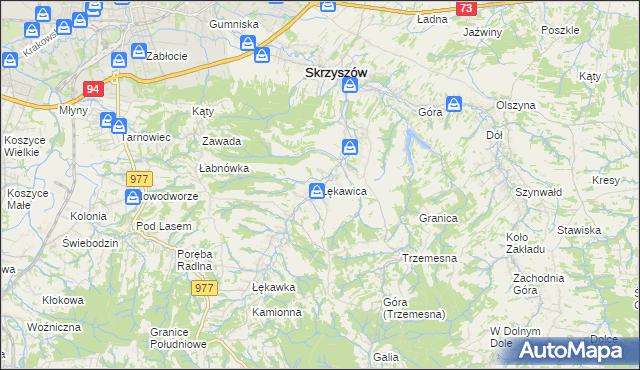 mapa Łękawica gmina Skrzyszów, Łękawica gmina Skrzyszów na mapie Targeo