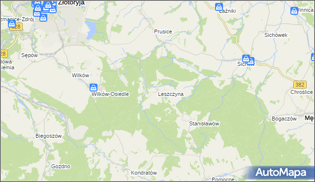 mapa Leszczyna gmina Złotoryja, Leszczyna gmina Złotoryja na mapie Targeo