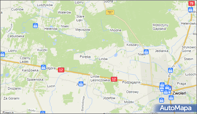 mapa Linów gmina Zwoleń, Linów gmina Zwoleń na mapie Targeo