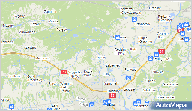 mapa Lipiny gmina Pilzno, Lipiny gmina Pilzno na mapie Targeo