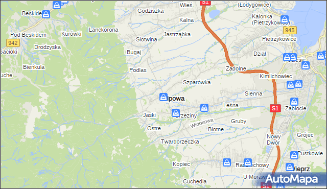 mapa Lipowa powiat żywiecki, Lipowa powiat żywiecki na mapie Targeo