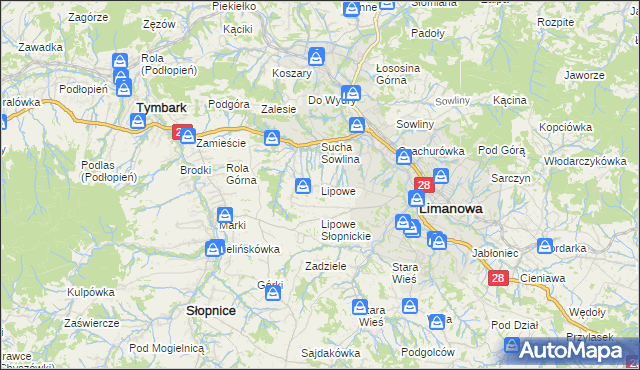 mapa Lipowe gmina Limanowa, Lipowe gmina Limanowa na mapie Targeo