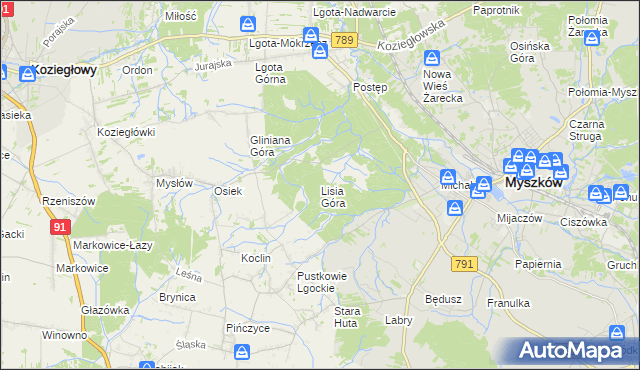 mapa Lisia Góra gmina Koziegłowy, Lisia Góra gmina Koziegłowy na mapie Targeo