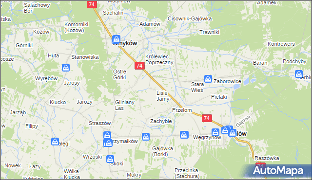 mapa Lisie Jamy gmina Mniów, Lisie Jamy gmina Mniów na mapie Targeo