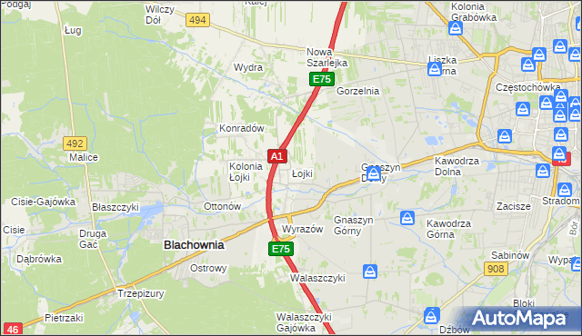 mapa Łojki gmina Blachownia, Łojki gmina Blachownia na mapie Targeo