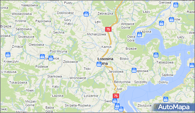mapa Łososina Dolna, Łososina Dolna na mapie Targeo