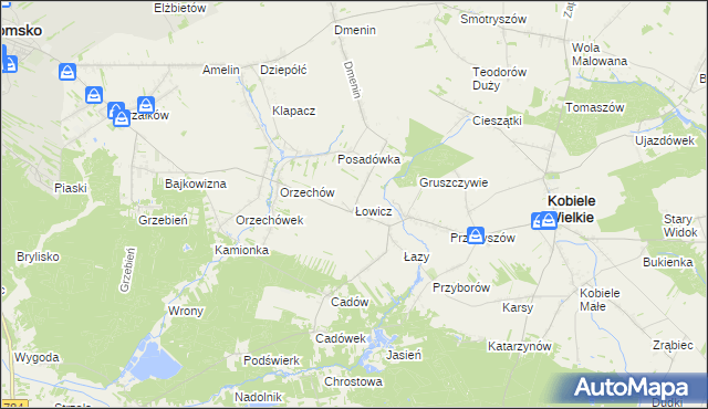 mapa Łowicz gmina Kobiele Wielkie, Łowicz gmina Kobiele Wielkie na mapie Targeo