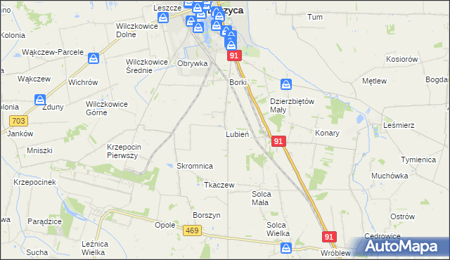 mapa Lubień gmina Łęczyca, Lubień gmina Łęczyca na mapie Targeo