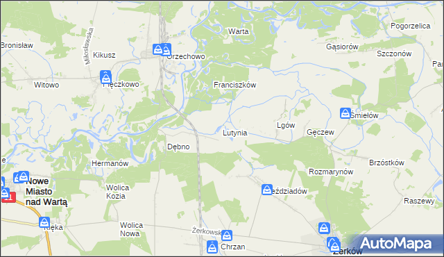 mapa Lutynia gmina Nowe Miasto nad Wartą, Lutynia gmina Nowe Miasto nad Wartą na mapie Targeo