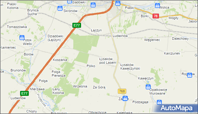 mapa Łysaków pod Lasem, Łysaków pod Lasem na mapie Targeo