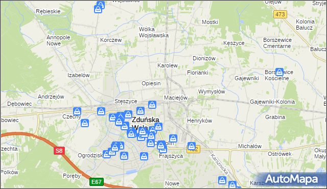 mapa Maciejów gmina Zduńska Wola, Maciejów gmina Zduńska Wola na mapie Targeo