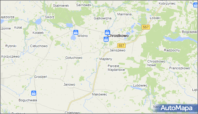mapa Majdany gmina Chrostkowo, Majdany gmina Chrostkowo na mapie Targeo