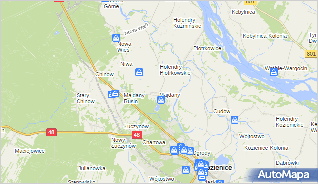 mapa Majdany gmina Kozienice, Majdany gmina Kozienice na mapie Targeo