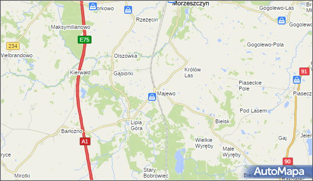 mapa Majewo gmina Morzeszczyn, Majewo gmina Morzeszczyn na mapie Targeo