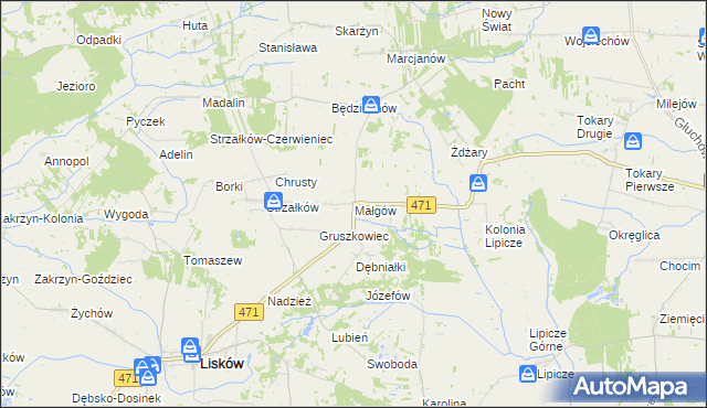 mapa Małgów gmina Lisków, Małgów gmina Lisków na mapie Targeo