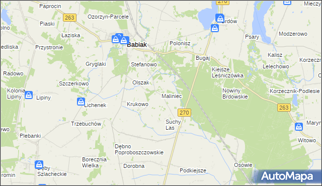 mapa Maliniec gmina Babiak, Maliniec gmina Babiak na mapie Targeo