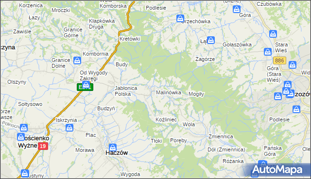 mapa Malinówka gmina Haczów, Malinówka gmina Haczów na mapie Targeo