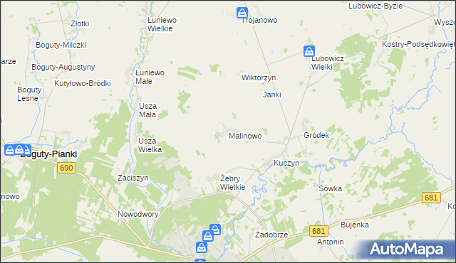 mapa Malinowo gmina Klukowo, Malinowo gmina Klukowo na mapie Targeo