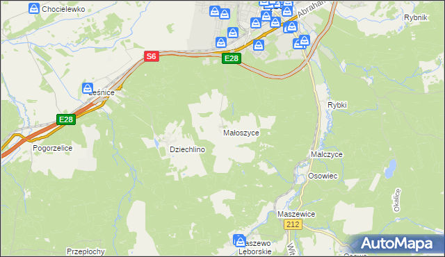 mapa Małoszyce gmina Nowa Wieś Lęborska, Małoszyce gmina Nowa Wieś Lęborska na mapie Targeo