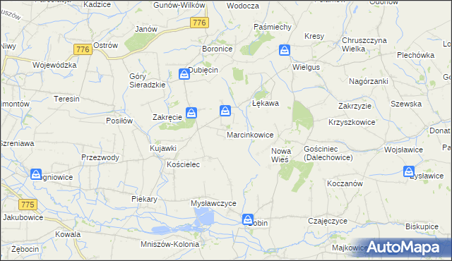 mapa Marcinkowice gmina Kazimierza Wielka, Marcinkowice gmina Kazimierza Wielka na mapie Targeo