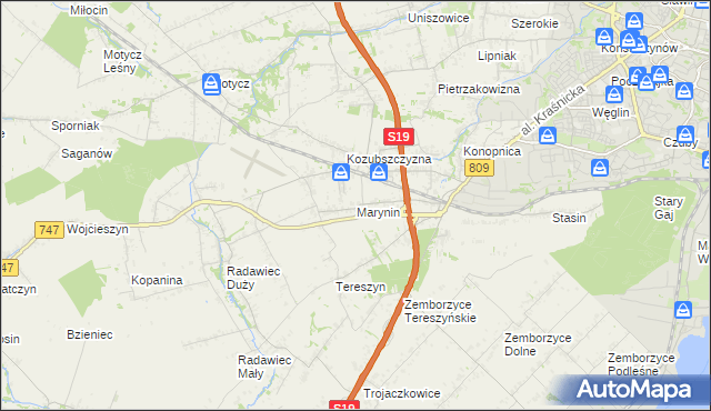 mapa Marynin gmina Konopnica, Marynin gmina Konopnica na mapie Targeo