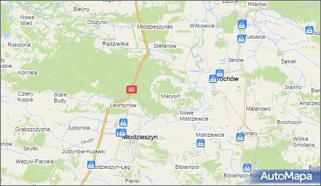 mapa Marysin gmina Młodzieszyn, Marysin gmina Młodzieszyn na mapie Targeo