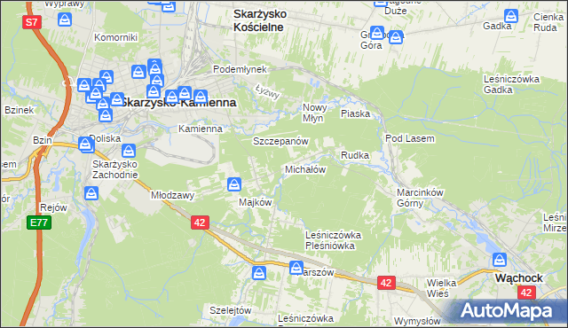 mapa Michałów gmina Skarżysko Kościelne, Michałów gmina Skarżysko Kościelne na mapie Targeo