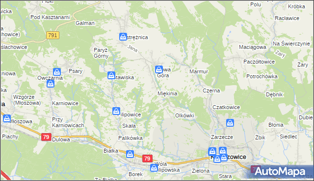 mapa Miękinia gmina Krzeszowice, Miękinia gmina Krzeszowice na mapie Targeo
