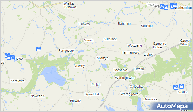 mapa Mierzyn gmina Biskupiec, Mierzyn gmina Biskupiec na mapie Targeo