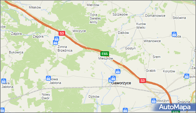 mapa Mieszków gmina Gaworzyce, Mieszków gmina Gaworzyce na mapie Targeo