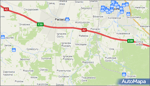 mapa Mikołajew gmina Parzęczew, Mikołajew gmina Parzęczew na mapie Targeo