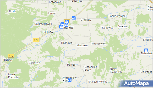 mapa Miłaczew gmina Malanów, Miłaczew gmina Malanów na mapie Targeo