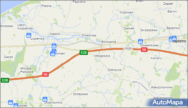 mapa Miłogoszcz gmina Będzino, Miłogoszcz gmina Będzino na mapie Targeo