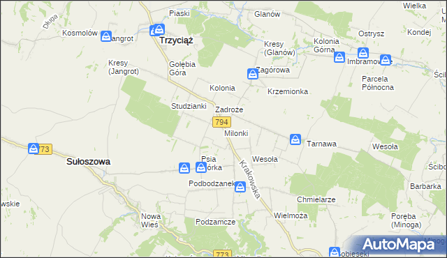 mapa Milonki gmina Trzyciąż, Milonki gmina Trzyciąż na mapie Targeo