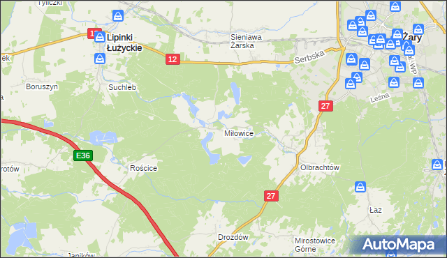 mapa Miłowice gmina Żary, Miłowice gmina Żary na mapie Targeo