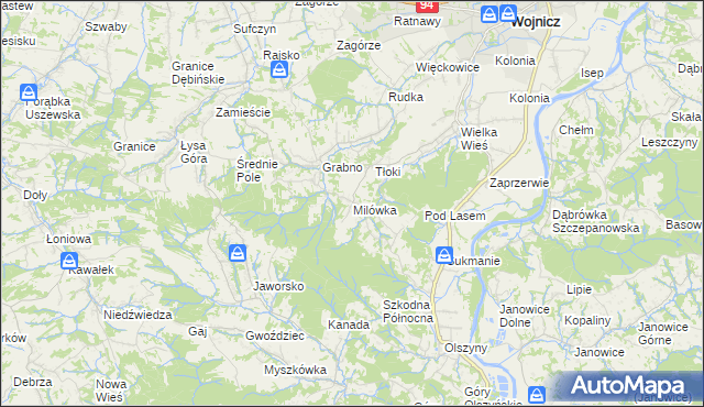 mapa Milówka gmina Wojnicz, Milówka gmina Wojnicz na mapie Targeo