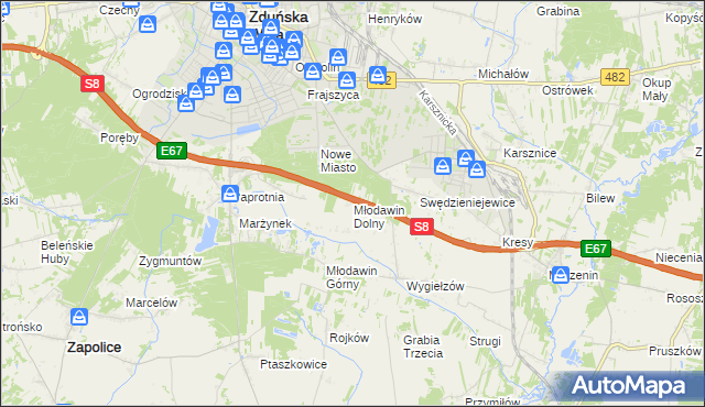 mapa Młodawin Dolny, Młodawin Dolny na mapie Targeo