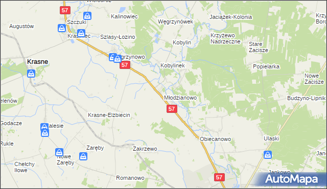 mapa Młodzianowo gmina Płoniawy-Bramura, Młodzianowo gmina Płoniawy-Bramura na mapie Targeo