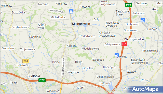 mapa Młodziejowice gmina Michałowice, Młodziejowice gmina Michałowice na mapie Targeo