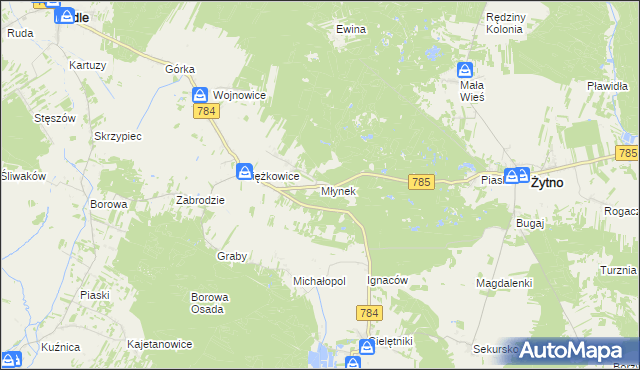 mapa Młynek gmina Gidle, Młynek gmina Gidle na mapie Targeo