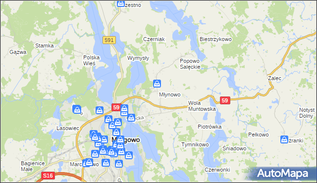 mapa Młynowo gmina Mrągowo, Młynowo gmina Mrągowo na mapie Targeo