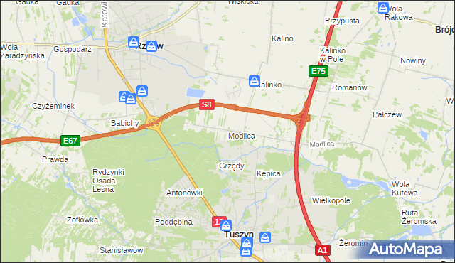 mapa Modlica gmina Tuszyn, Modlica gmina Tuszyn na mapie Targeo