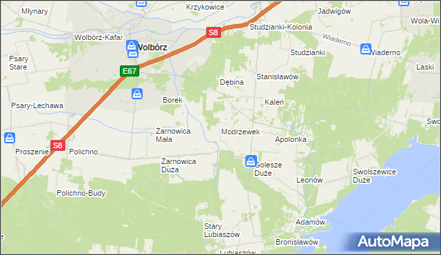 mapa Modrzewek gmina Wolbórz, Modrzewek gmina Wolbórz na mapie Targeo