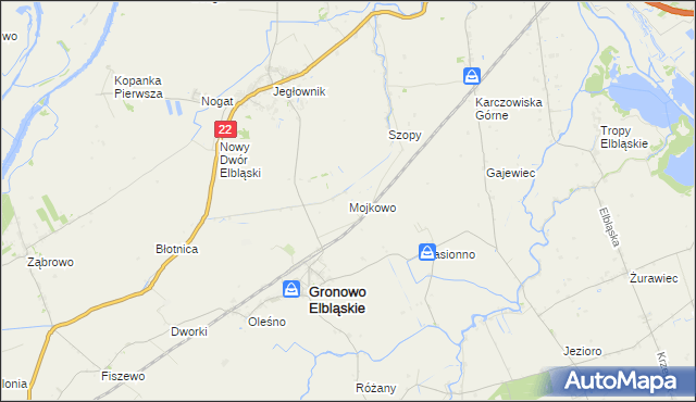 mapa Mojkowo gmina Gronowo Elbląskie, Mojkowo gmina Gronowo Elbląskie na mapie Targeo