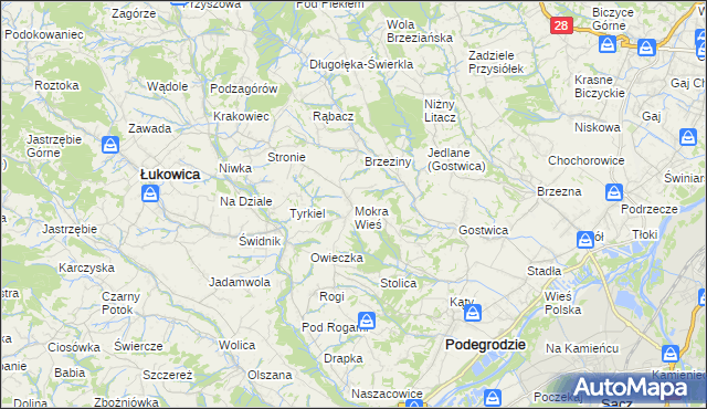 mapa Mokra Wieś gmina Podegrodzie, Mokra Wieś gmina Podegrodzie na mapie Targeo
